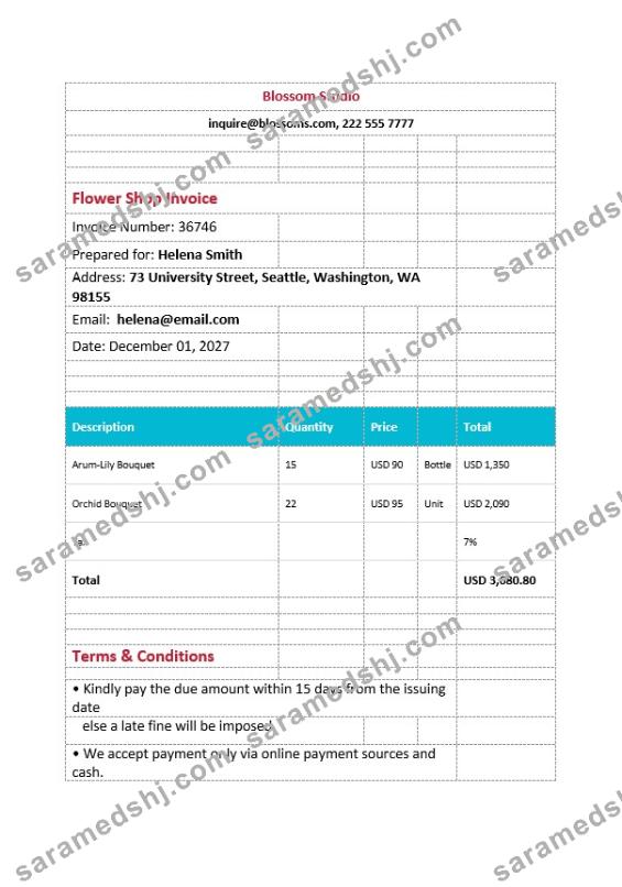 Printable Flower Shop Invoice Template